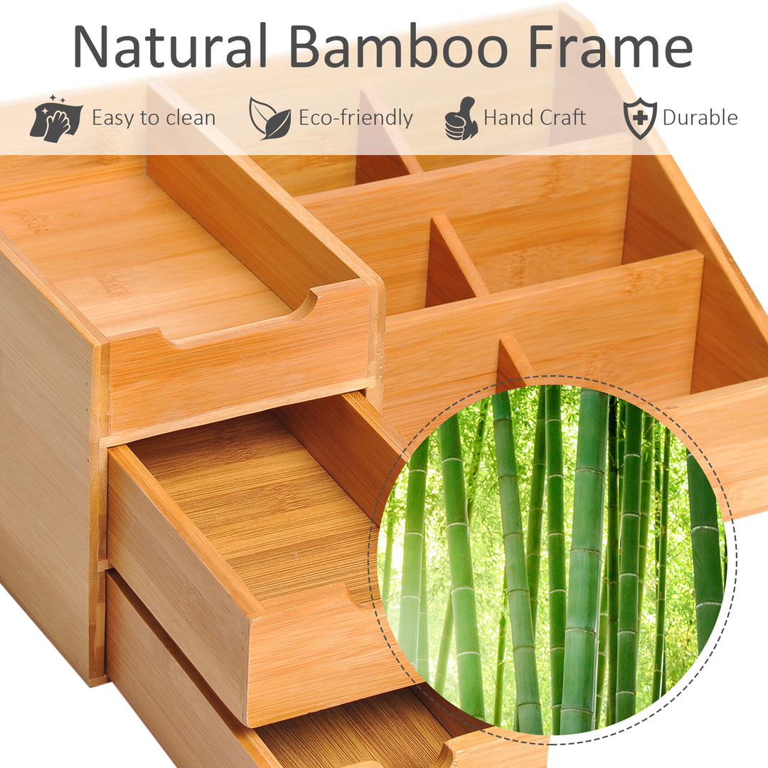 Desk Organiser Holder, Bamboo Multi-Function Storage Caddy with 7 Storage Compartments and 2 Drawers for Home Office Stationary Supplies, Natural Bamboo