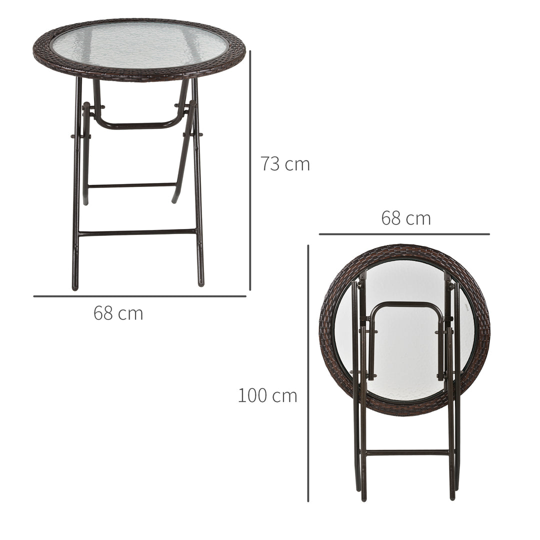 Folding Rattan Garden Dining Table, 68 cm Round Rattan Garden Table with Water Ripple Tempered Glass Top, Wicker Edging and Steel Frame for Outdoor, Patio, Brown
