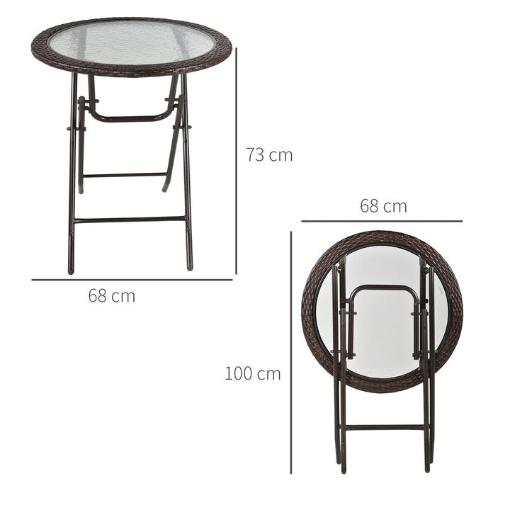 Folding Rattan Garden Dining Table, 68 cm Round Rattan Garden Table with Water Ripple Tempered Glass Top, Wicker Edging and Steel Frame for Outdoor, Patio, Brown