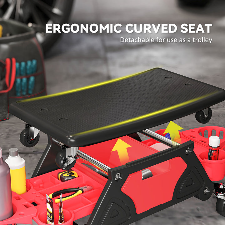 Rolling Mechanic Stool, 135kg Capacity Workshop Stool with 360° Swivel Wheels, Roller Creeper Seat with Slide Out Tool Trays, Drawer, Bottle Holders for Garage, Shop, Auto Repair, Red