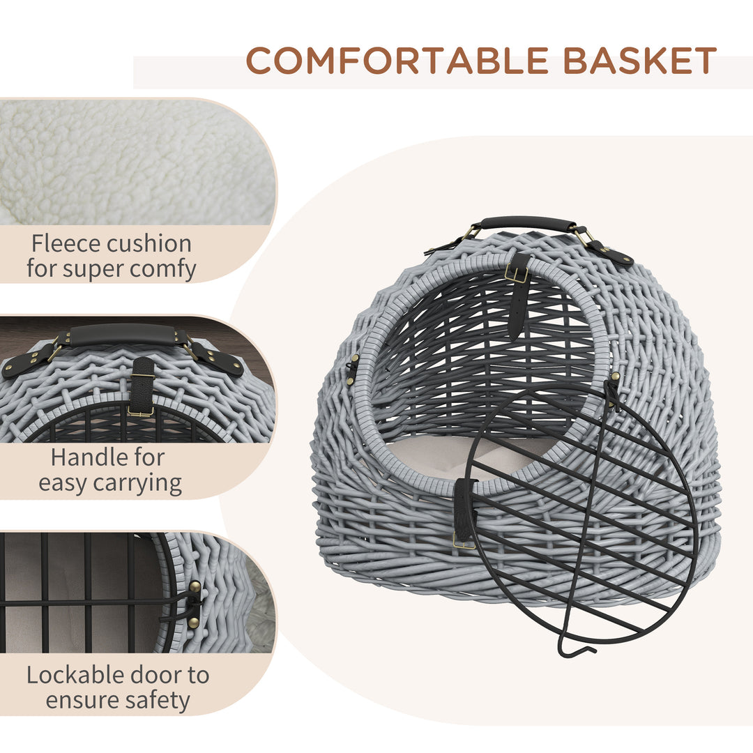 Wicker Pet Carrier Basket Cat Kitten Bed Portable Travel Cage w/ Soft Cushion Handle Grey 50 x 40 x 40 cm