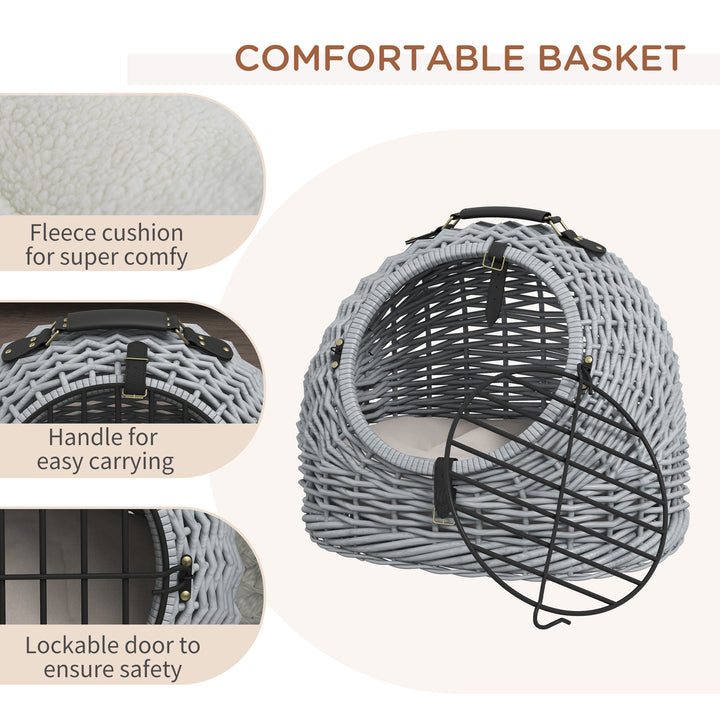Wicker Pet Carrier Basket Cat Kitten Bed Portable Travel Cage w/ Soft Cushion Handle Grey 50 x 40 x 40 cm