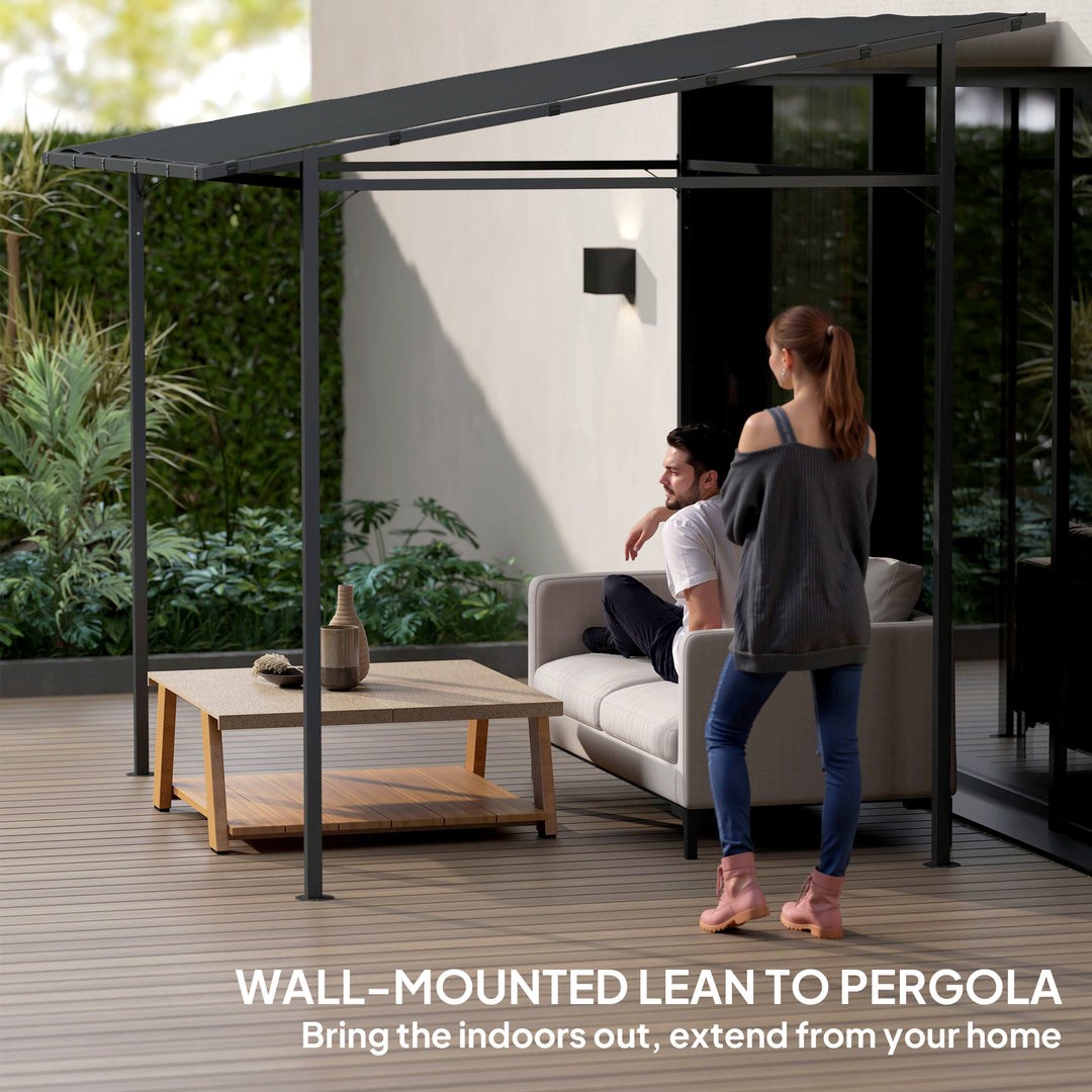 2.4 x 2.4 m Wall Mounted Pergola Gazebo with PA Coating Fabric and Metal Frame, UPF30+, Lean to Garden Gazebo, Wind Resistant Outdoor Sun Shade Shelter for Garden, Deck, Dark Grey