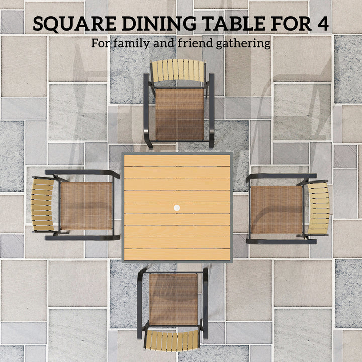 Garden Table for 4, 90 cm Rectangular Outdoor Dining Table with 4.2 cm Umbrella Hole, Wood Effect Top, Rust Resistant Frame, for Patio, Balcony, Terrace, Natural Wood Finish