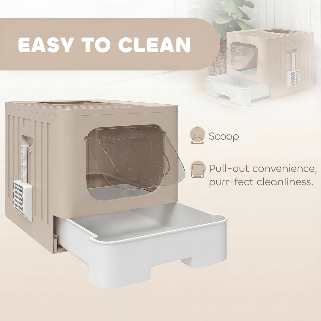 Foldable Cat Litter Box with Lid, Slide-Out Drawer, Scoop, Easy Clean, Odour Control, Anti-Splashing