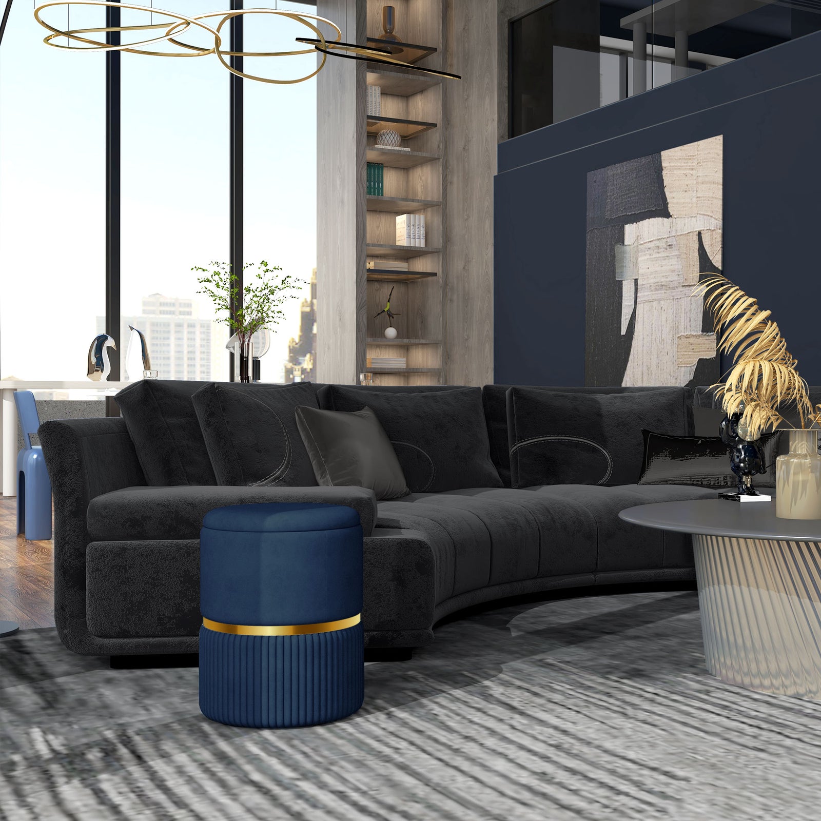 Velvet-Feel Storage Ottoman - Blue