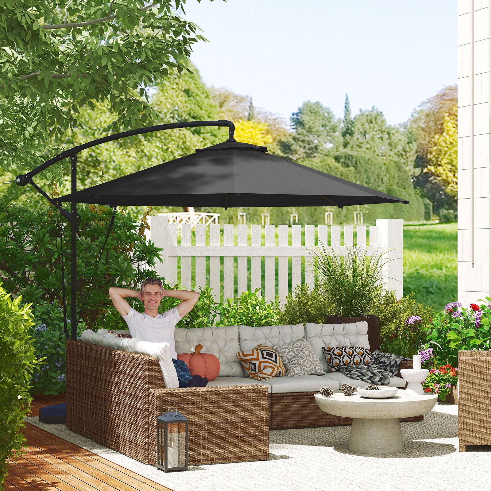 3(m) Garden Cantilever Parasol with Fillable Base up to 90kg, Wind Protection Strap, Cover, Round Banana Hanging Umbrella with Crank Handle and Tilt, UPF50+ Patio Umbrella, Grey