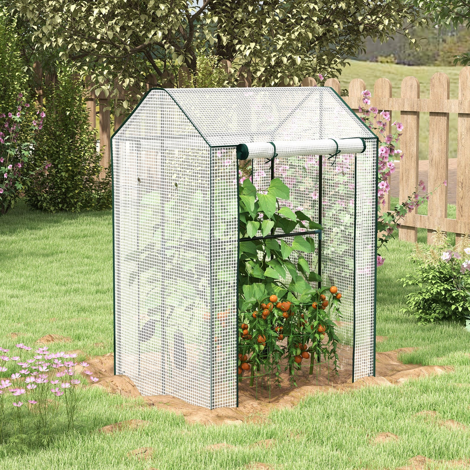 Green House, Mini Greenhouse with 2 Roll-up Doors, Vent Holes and Rein