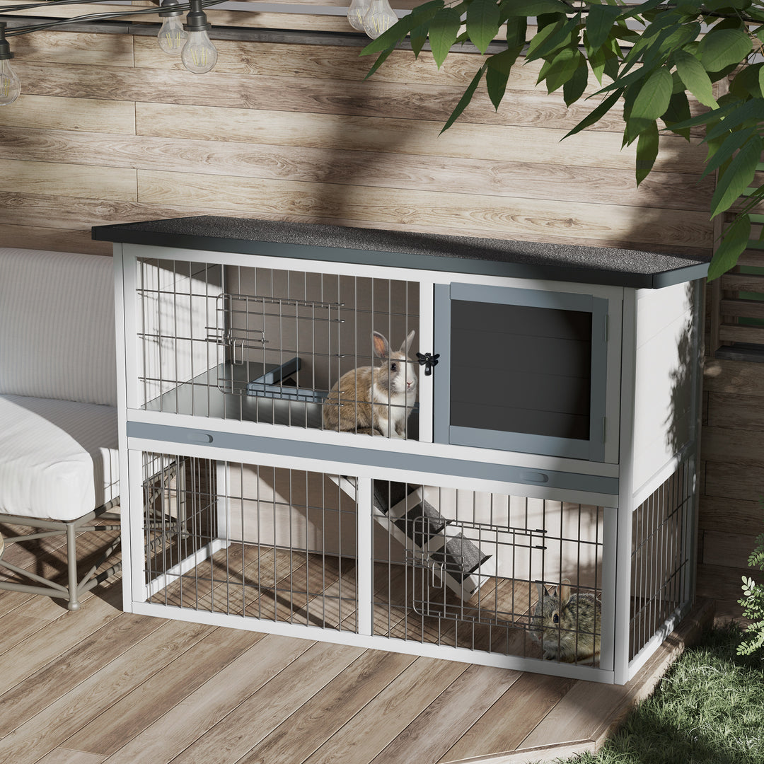 2-Tier Wooden Rabbit Hutch Guinea Pig House Bunny Cage Backyard w/ Openable Roof Small Animal House for Outdoor Grey, 108 x 45 x 78 cm