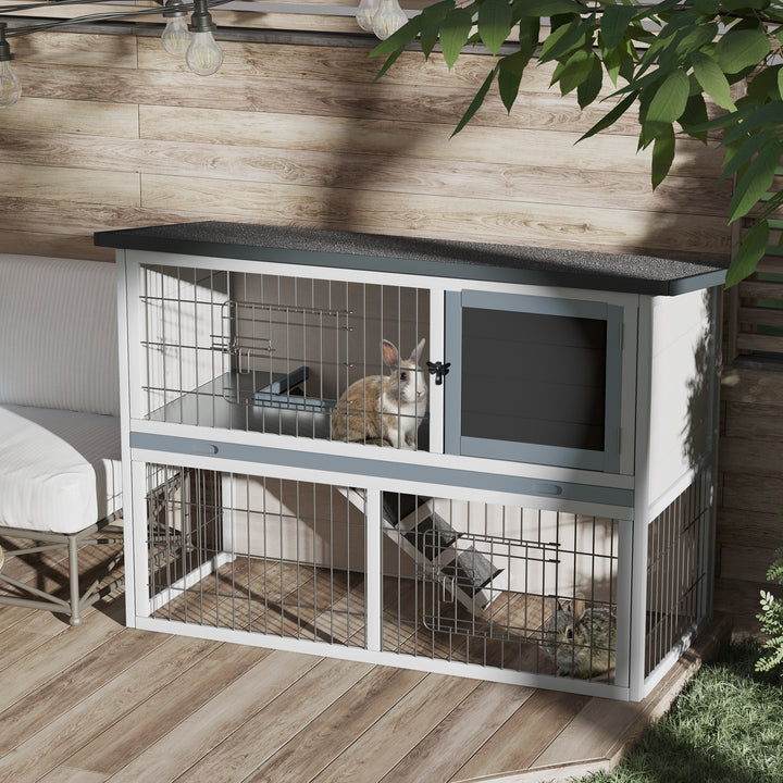 2-Tier Wooden Rabbit Hutch Guinea Pig House Bunny Cage Backyard w/ Openable Roof Small Animal House for Outdoor Grey, 108 x 45 x 78 cm
