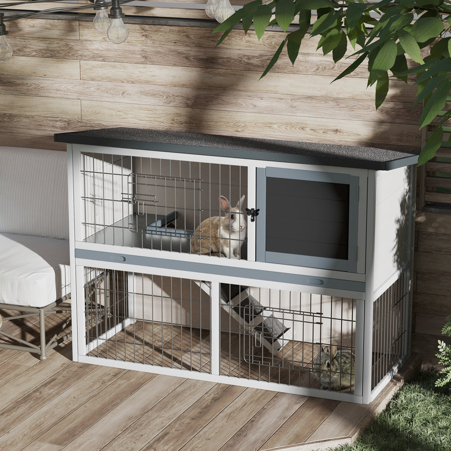 2-Tier Wooden Rabbit Hutch Guinea Pig House Bunny Cage Backyard w/ Openable Roof Small Animal House for Outdoor Grey, 108 x 45 x 78 cm