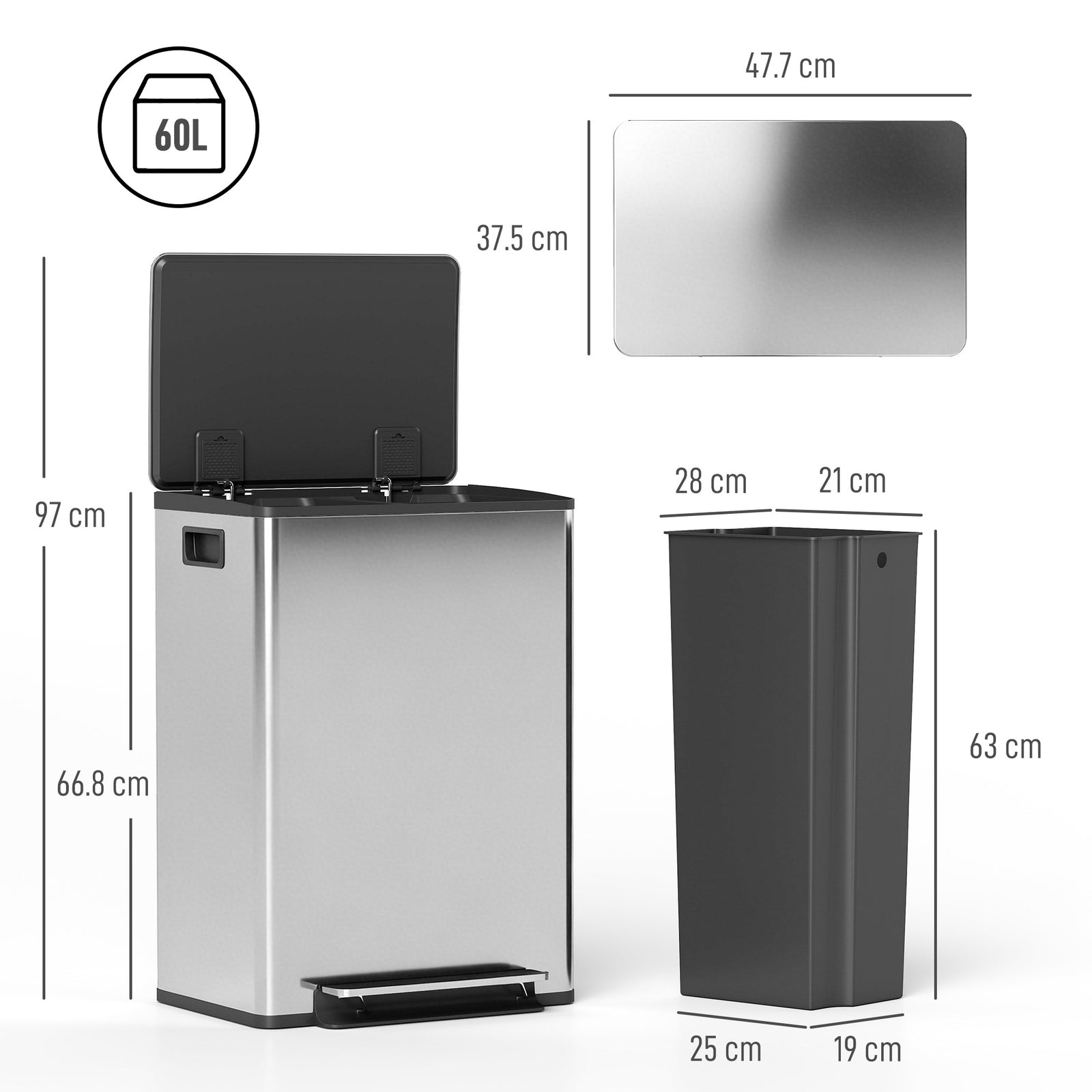 60L Dual Compartment Stainless Steel Bin, with Deodoriser Holders - Si