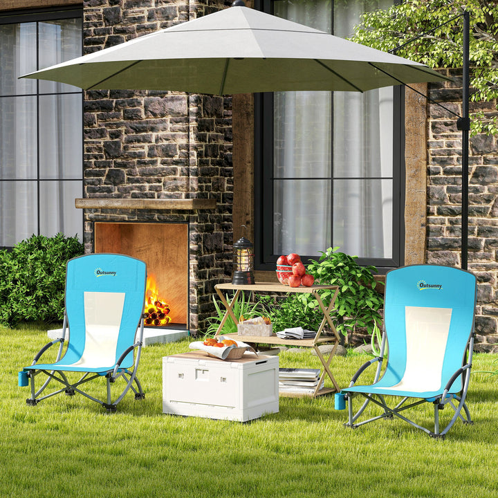 Set of 2 Folding Beach Chair, Low Camping Chair with Mesh Back, Carry Bag and Cup Holder for Garden Outdoor Picnic Festival Travel, Blue