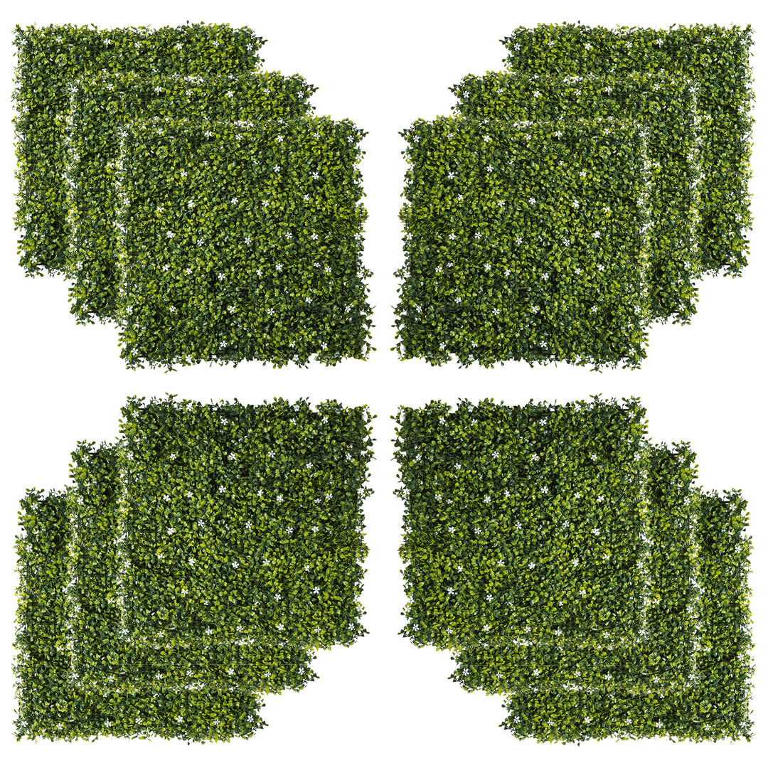 12PCS Artificial Boxwood Wall Panels 50cm x 50cm Grass Privacy Fence Screen Faux Hedge Greenery Backdrop Encrypted Milan Grass with White Flowers for Home Garden Backyard Balcony