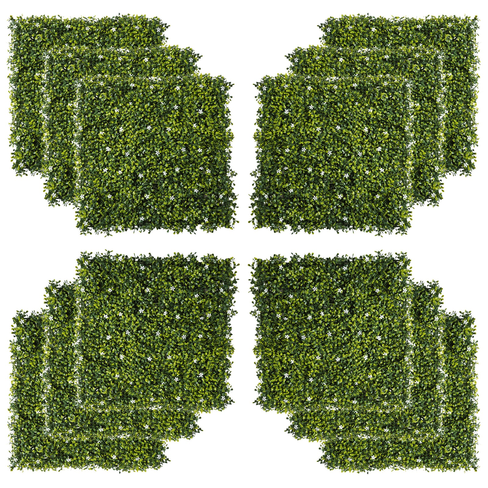 12PCS Artificial Boxwood Wall Panels 50cm x 50cm Grass Privacy Fence Screen Faux Hedge Greenery Backdrop Encrypted Milan Grass with White Flowers for Home Garden Backyard Balcony
