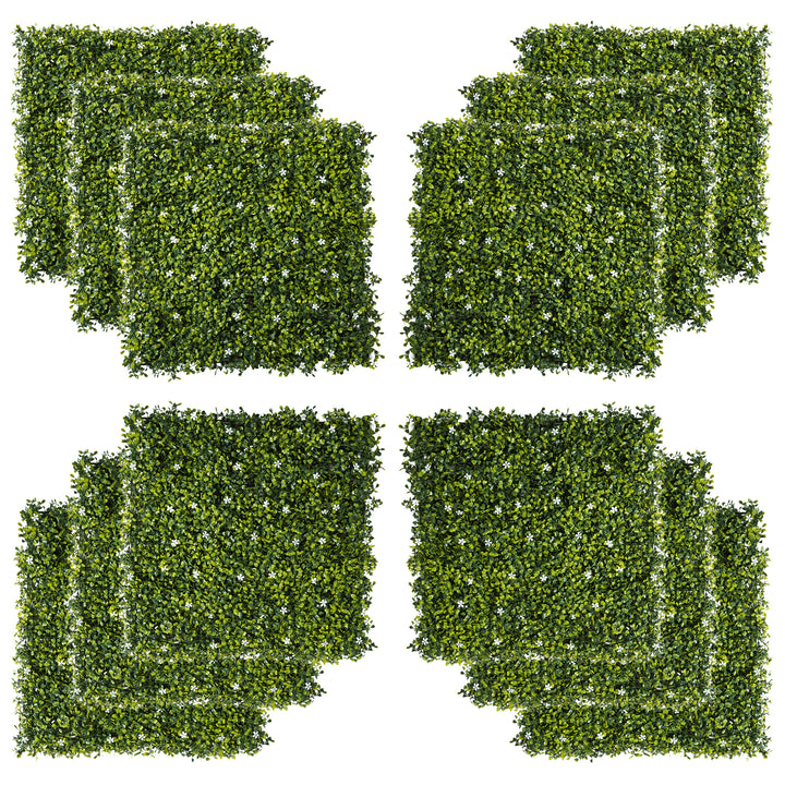 12PCS Artificial Boxwood Wall Panels 50cm x 50cm Grass Privacy Fence Screen Faux Hedge Greenery Backdrop Encrypted Milan Grass with White Flowers for Home Garden Backyard Balcony