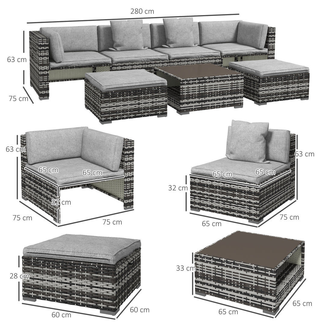 Seven-Piece Rattan Patio Furniture Set, with Cushions - Grey
