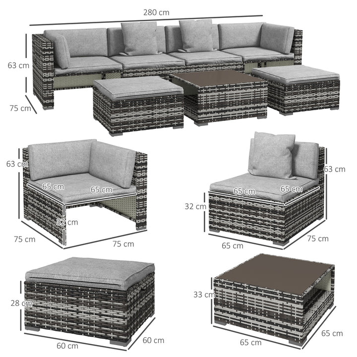 Seven-Piece Rattan Patio Furniture Set, with Cushions - Grey