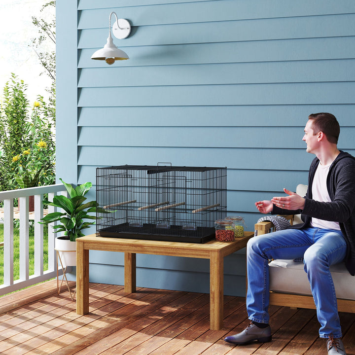 Bird Cage with Divider, 4 Wooden Perches, Slide Out Tray, 4 Feeders, for Budgie, Lovebird, Canary, 76 x 46 x 46cm, Black