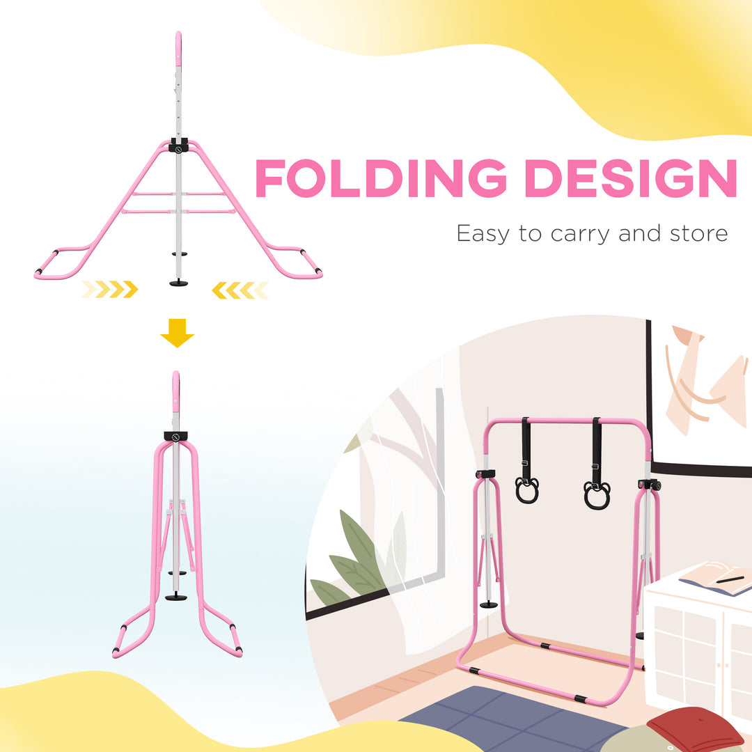 Adjustable Height, Foldable Kids Gymnastics Bar w/ Non-slip Rubber Floor Rings, for 3+ Years, Pink