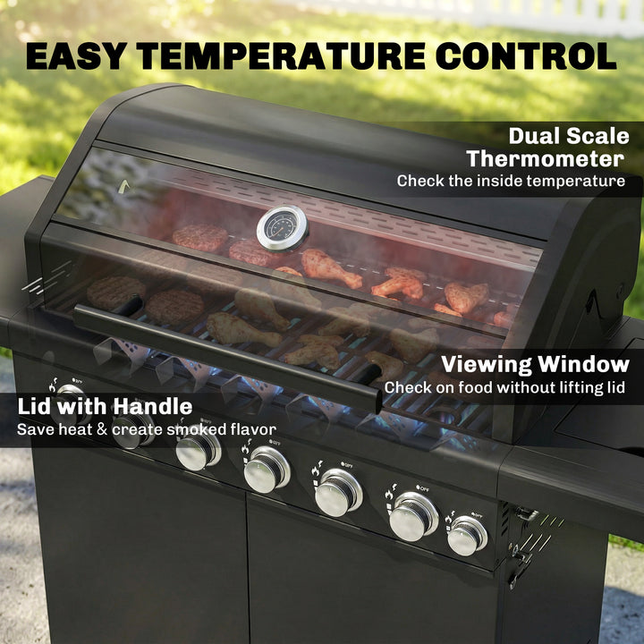6+1 Burner Gas BBQ Grill, Outdoor Barbecue Trolley with Wheels, Warmin