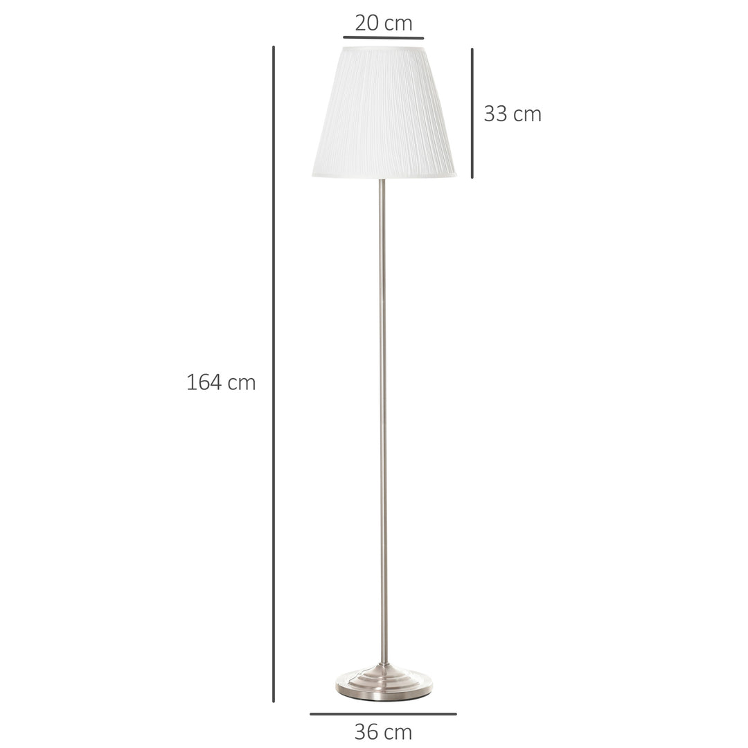 HOMCOM Modern Steel Floor Lamp with Pleated Fabric Lampshade Floor Switch, Home Style Standing Light for Living Room, Office, White and Silver