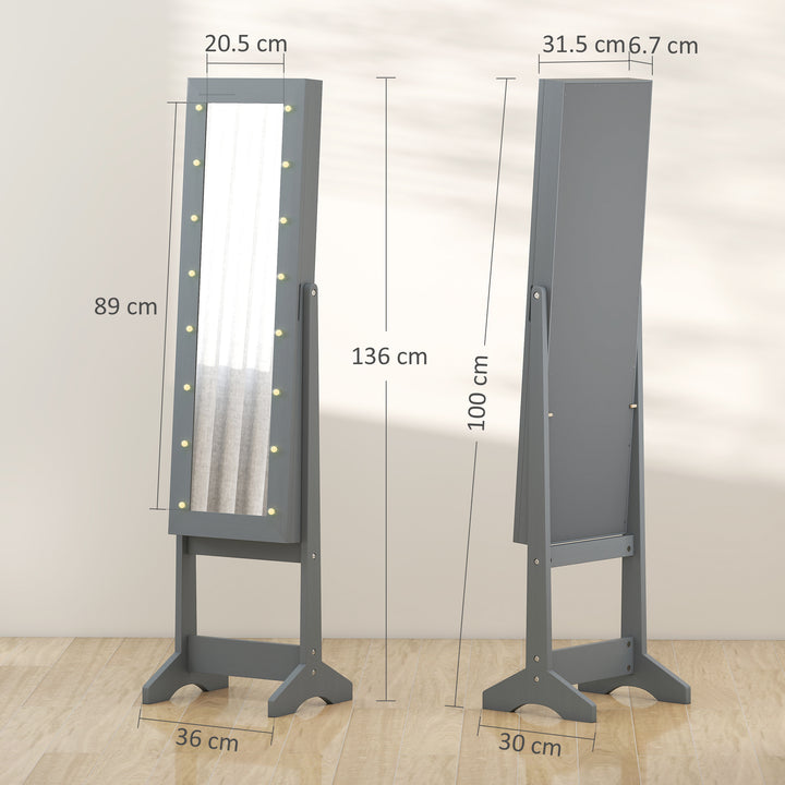 Freestanding Mirror Jewelry Cabinet with LED Lights, Jewellery Organiser with 3 Angle Adjustable, Full-Length Mirror with Storage for Earrings, Necklaces, Rings and Lipsticks, Grey