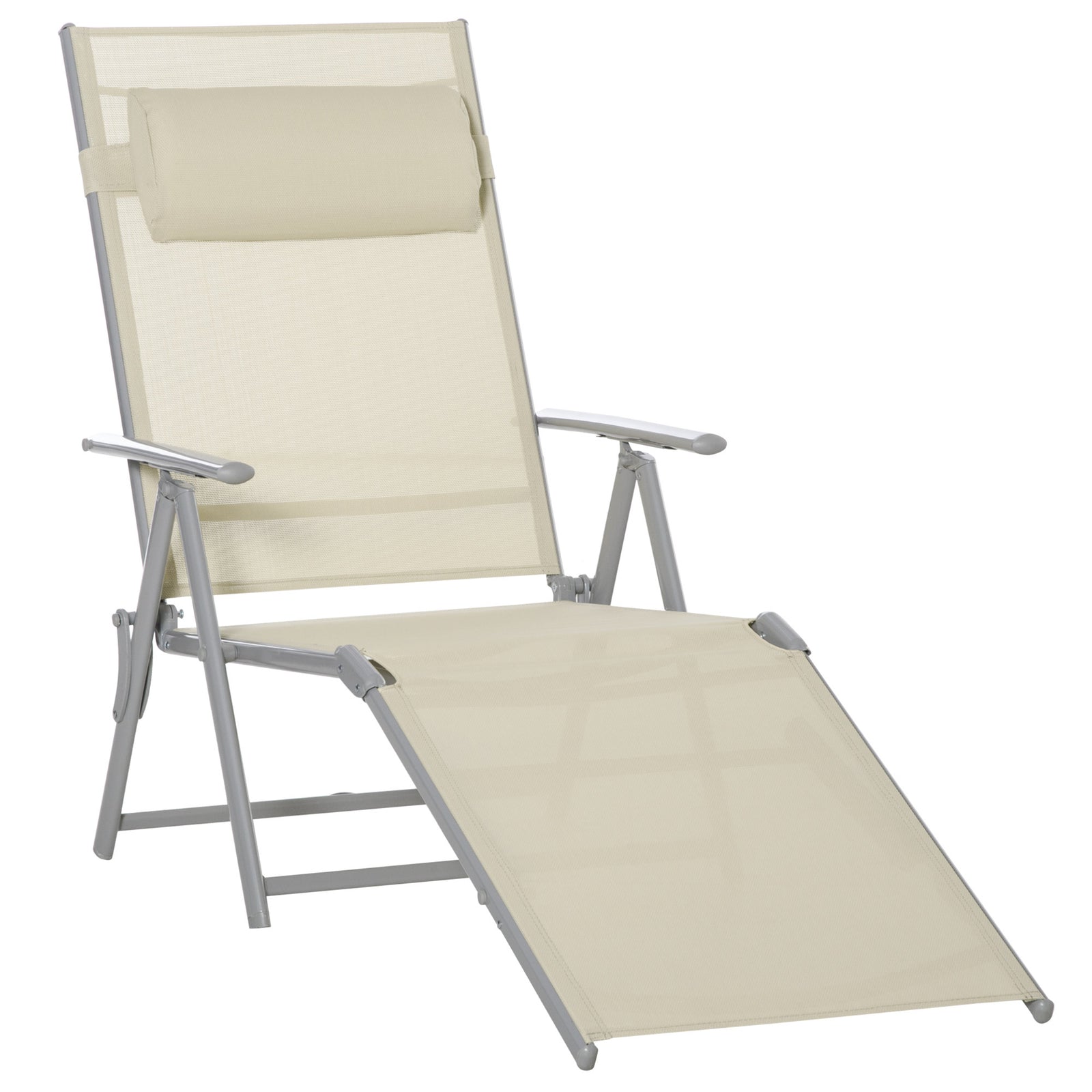 Steel Fabric Sun Lounger Outdoor Folding Chaise Lounge Chair Recliner with Portable Design & 7 Adjustable Backrest Positions - Beige