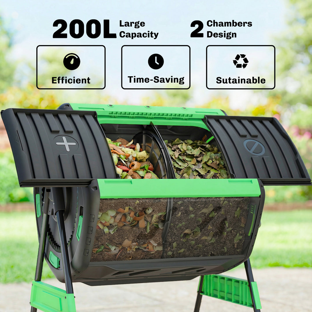 Garden Compost Bin, 200L Dual Chamber Tumbling Composter with Adjustab