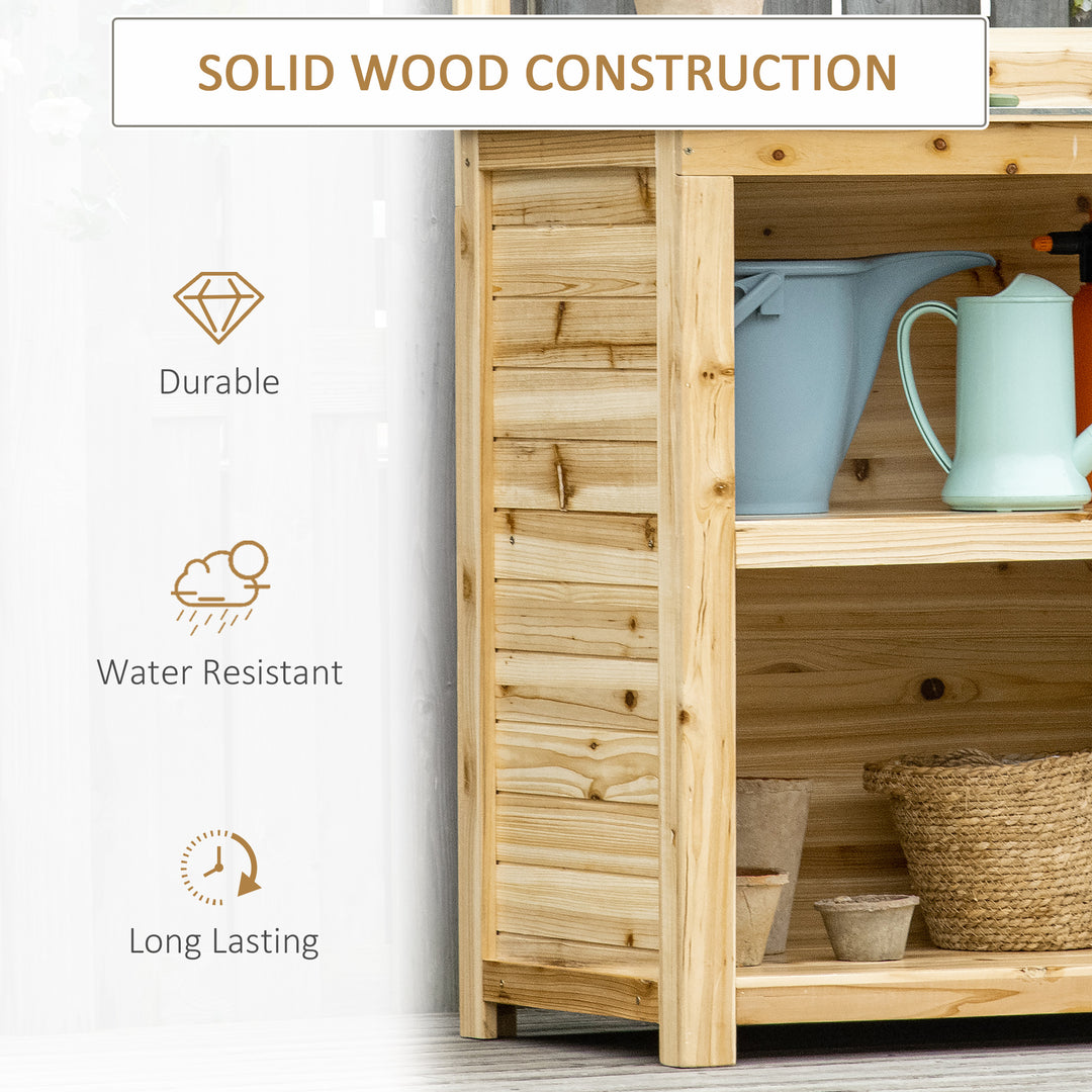 MCL Garden Potting Bench Table, Wooden Workstation Bench w/ Galvanized Metal Tabletop, Storage Shelves and Hooks, Natural