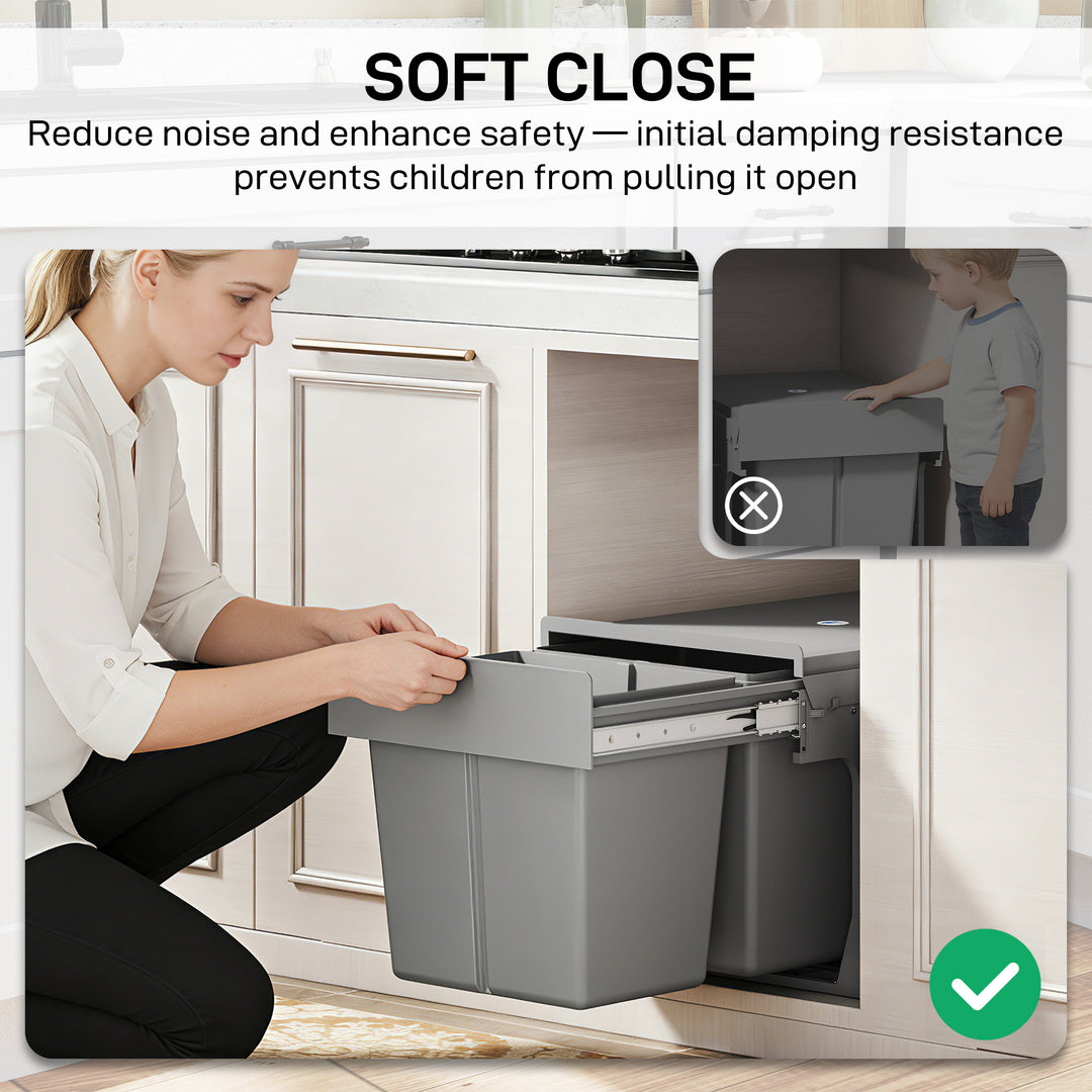 Pull Out Bin, Under Sink Bin - 2 Removable Compartments (15L Each) for 400mm Cabinets