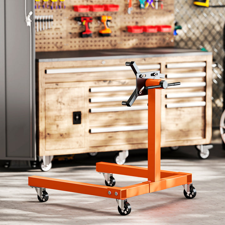 Engine Stand, 570 kg Rotating Engine Stand with 360 Degree Adjustable Head, 4 Mounting Arms, Heavy Duty Steel Support, Universal Wheels for Garage Workshop Auto Repair, Orange