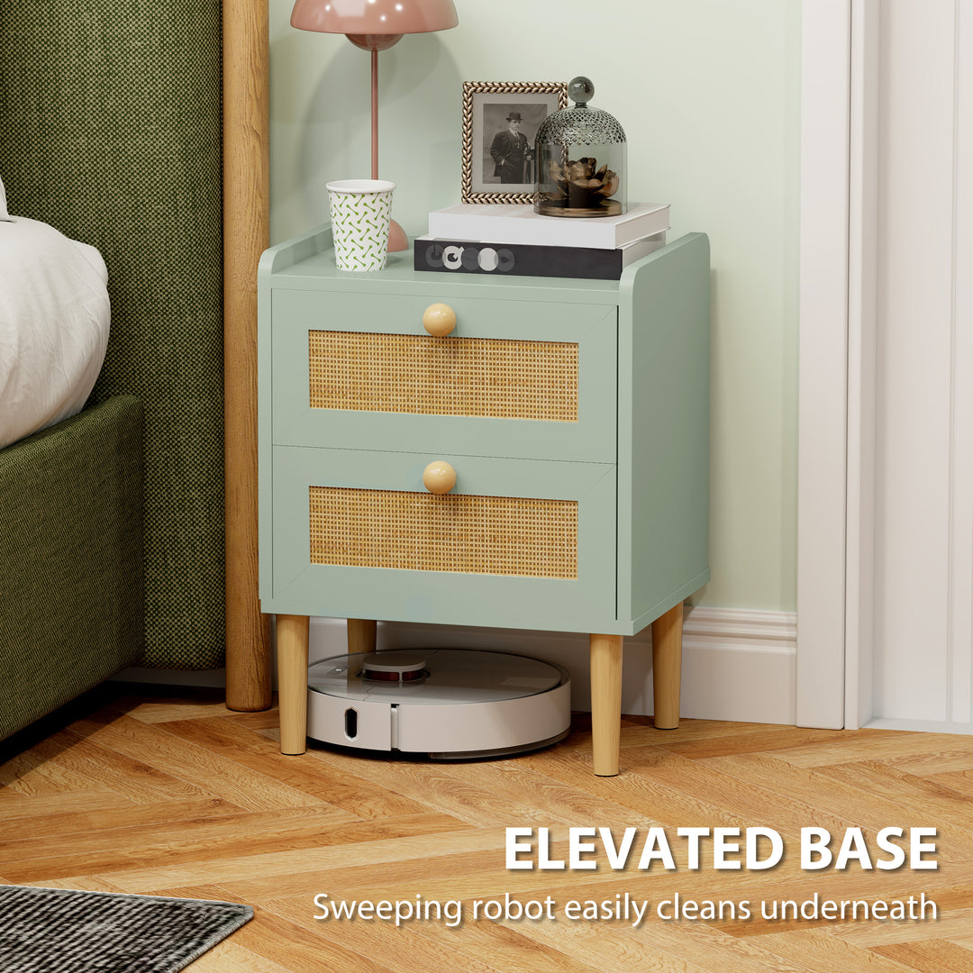 Bedroom Chest of Drawers, Boho Rattan Dresser with 2 Drawers, Storage Cabinet for Living Room, Hallway, Entryway, Olive Green