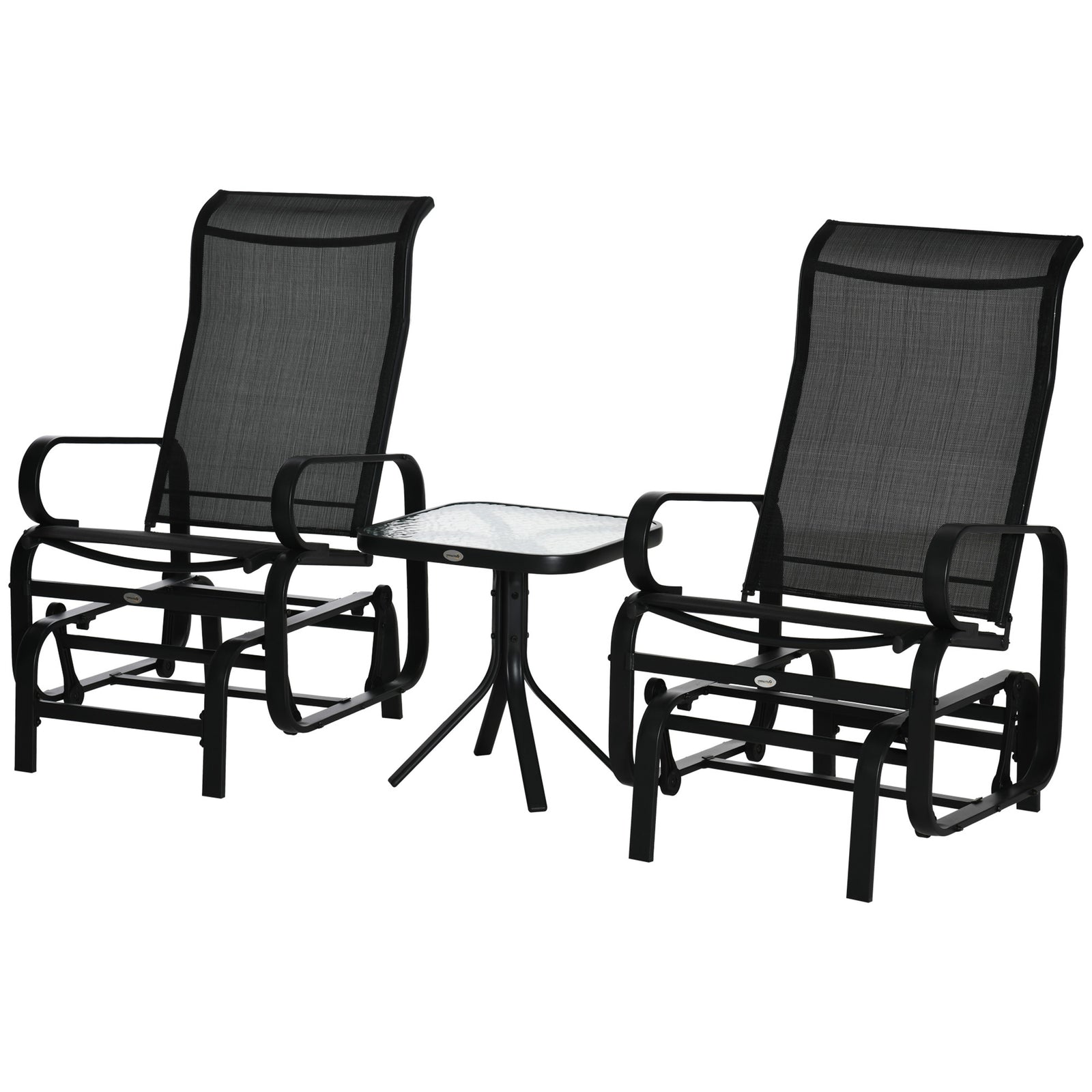 3 Pieces Garden Gliding Chair Set, Metal Frame 2 Single Armchair Swing Seater and 1 Glass Top Coffee Table w/ Breath Mesh Fabric Seat, Black