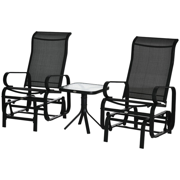 3 Pieces Garden Gliding Chair Set, Metal Frame 2 Single Armchair Swing Seater and 1 Glass Top Coffee Table w/ Breath Mesh Fabric Seat, Black