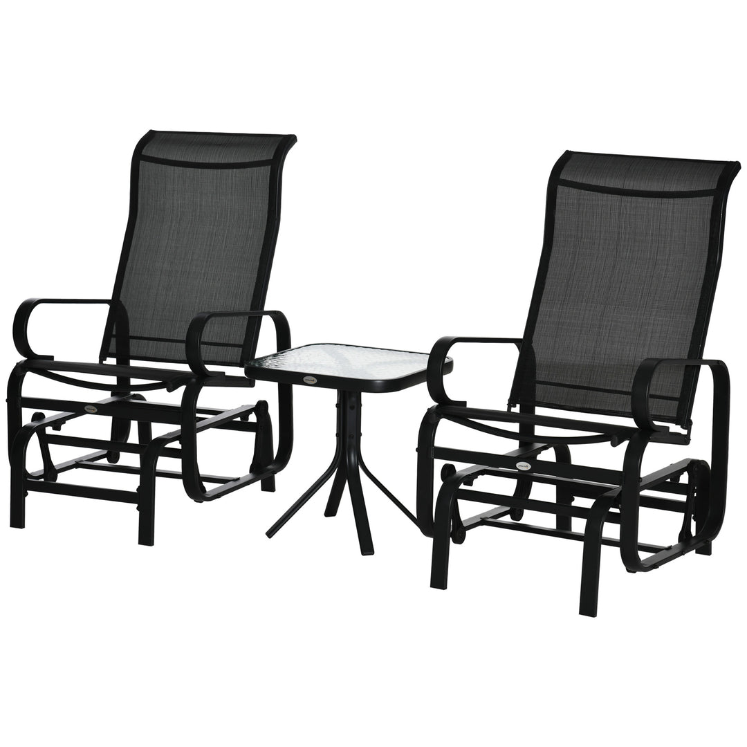 MCL 3 Pieces Garden Gliding Chair Set, Metal Frame 2 Single Armchair Swing Seater and 1 Glass Top Coffee Table w/ Breath Mesh Fabric Seat, Black