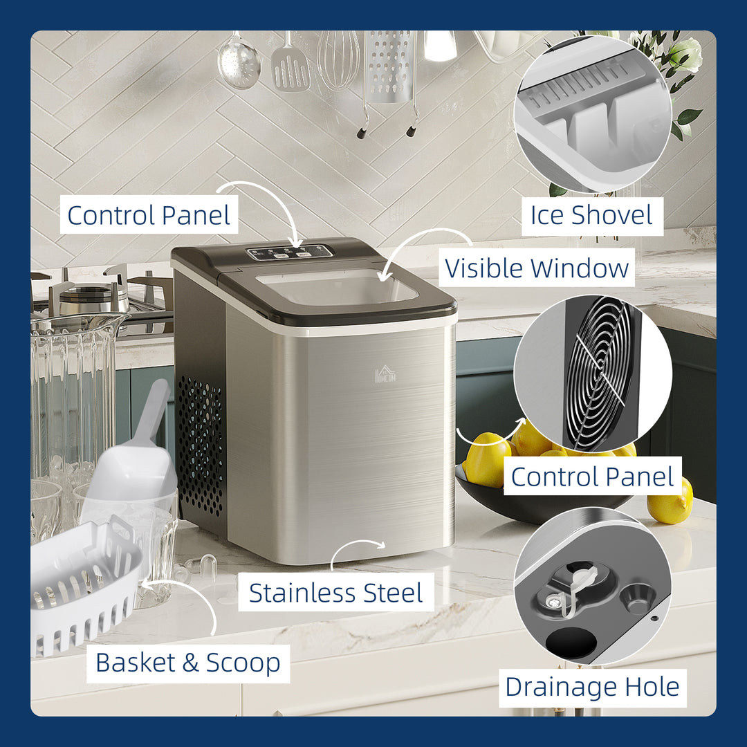 MCL Ice Maker Machine Countertop, 9 Ice Cubes in 8 Mins, 12KG in 24Hrs, Self-Cleaning Portable Ice Cube Maker w/ Adjustable Ice Size, Ice Scoop, Basket, Stainless Steel, No Plumbing Required, Black