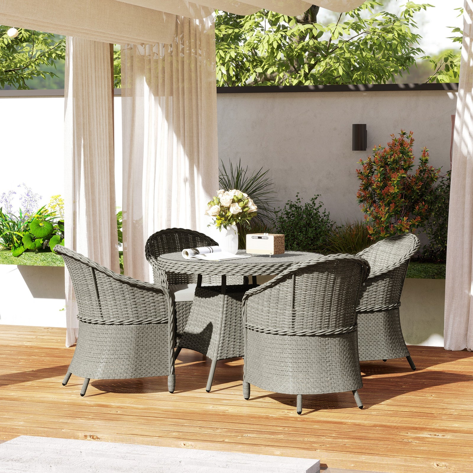 4 Seater Rattan Garden Furniture Set with Cushions, Round PE Rattan Dining Set with Glass-Top Table, Umbrella Hole, Outdoor Garden Table and Chairs, Grey