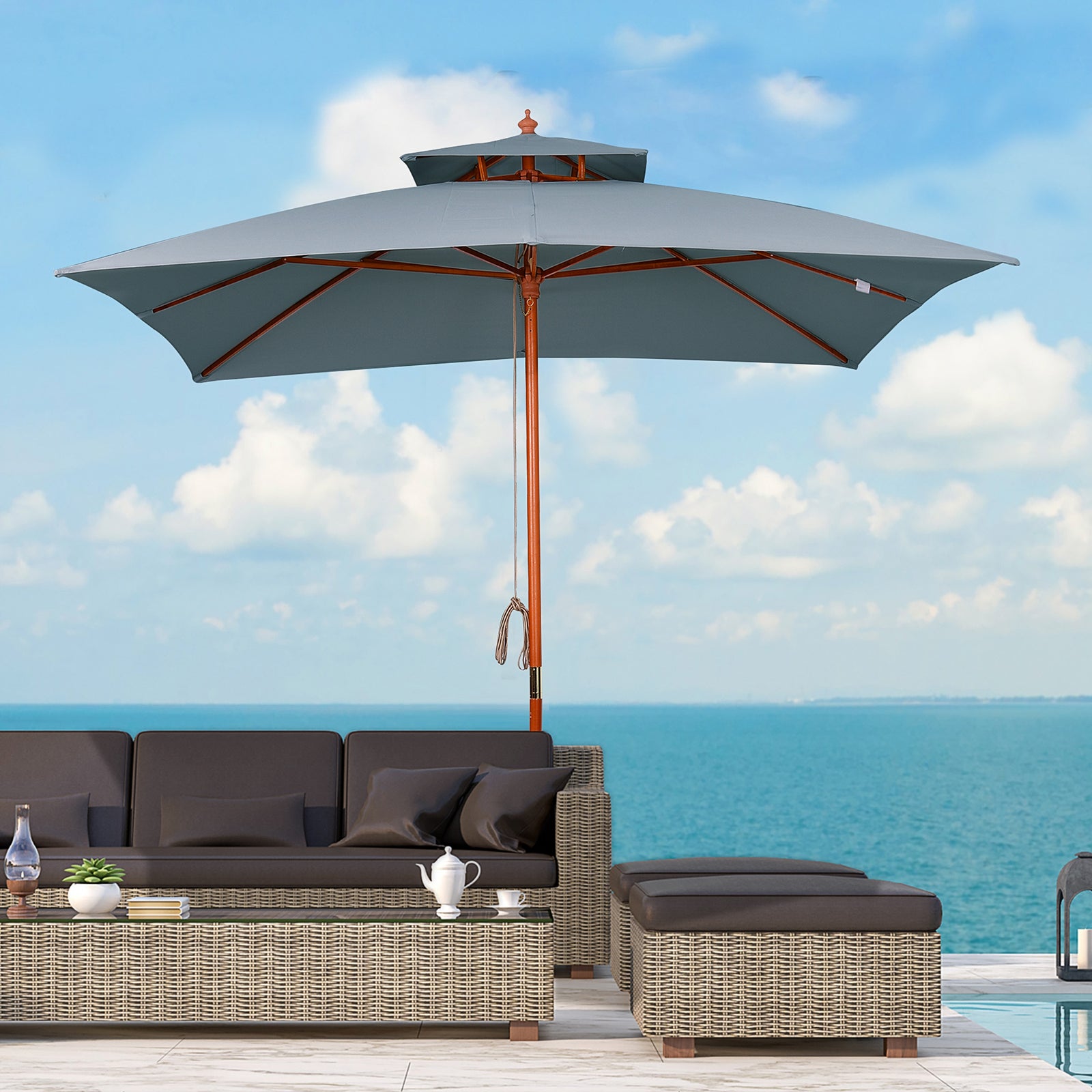 3 x 3 metre Patio Parasol Garden Umbrellas Sunshade Outdoor Wooden Parasol Canopy Double Tier, Dark Grey, BASE NOT INCLUDED