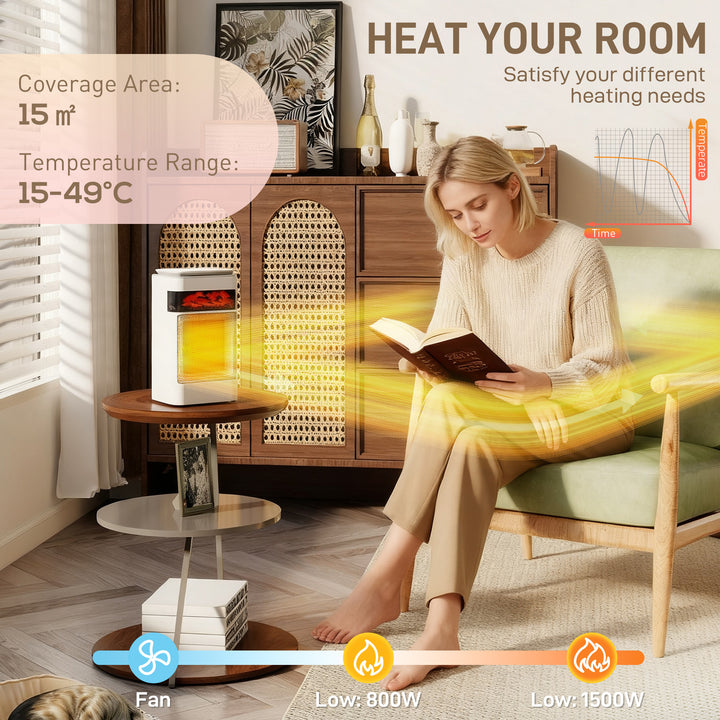 MCL Ceramic Electric Heater, 1500W Fan Space Heater with 3 Modes, 24H Timer, Flame Effect, Oscillation for Bedroom, White