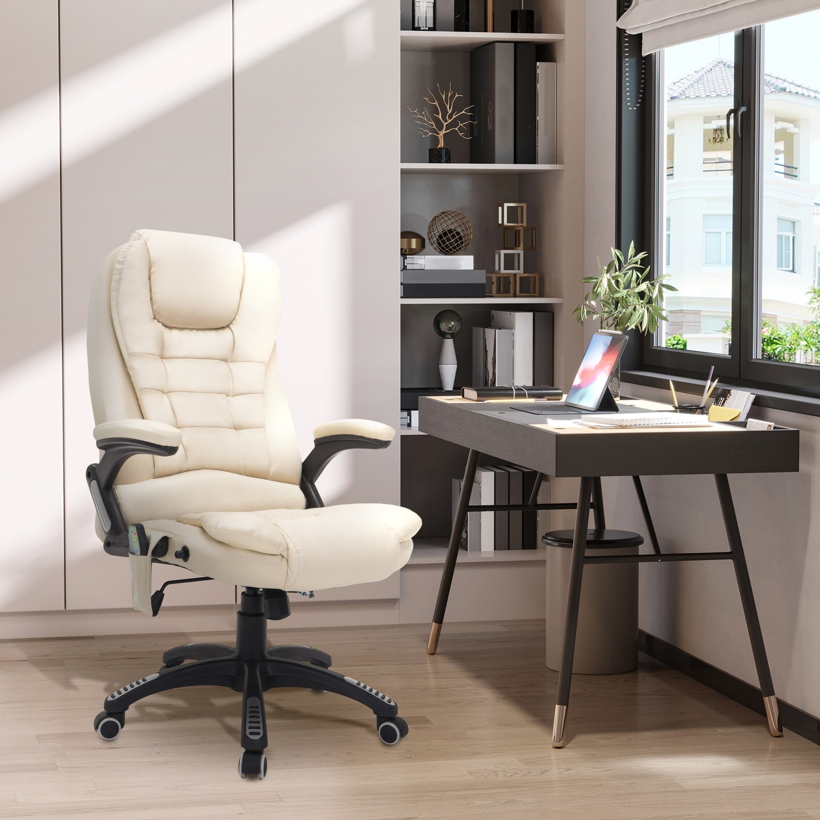 6-Point Massage Office Chair with Seat Heated for Home Office, PU Leather High Back Executive Desk Chair with Adjustable Height and 360° Swivel for Work Study, Beige