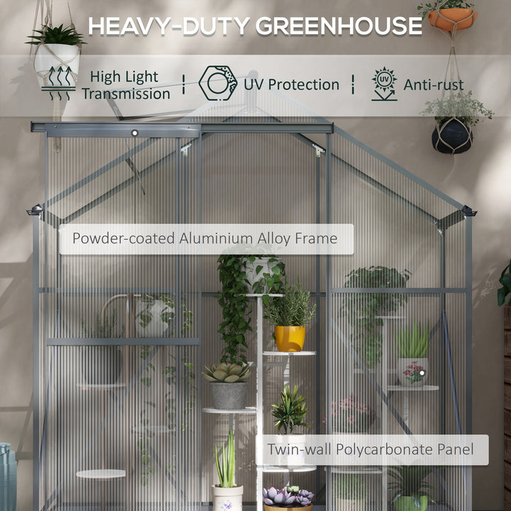 6 x 2.5ft Polycarbonate Greenhouse Walk-In Green House with Rain Gutter, Sliding Door, Window, Foundation, Dark Grey