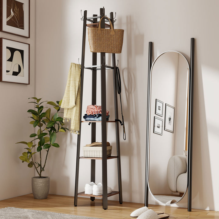 Industrial Coat Stand with 8 Hooks and 4 Shelves - Rustic Brown