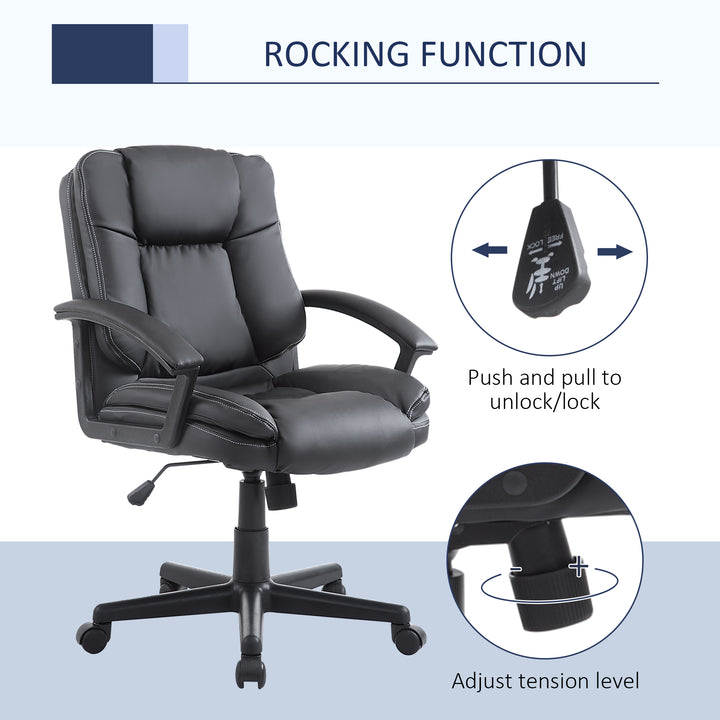 HOMCOM Swivel Executive Office Chair, Mid-Back Faux Leather Desk Chair with Double-Tier Padding, Arms, and Wheels, Black | Aosom UK