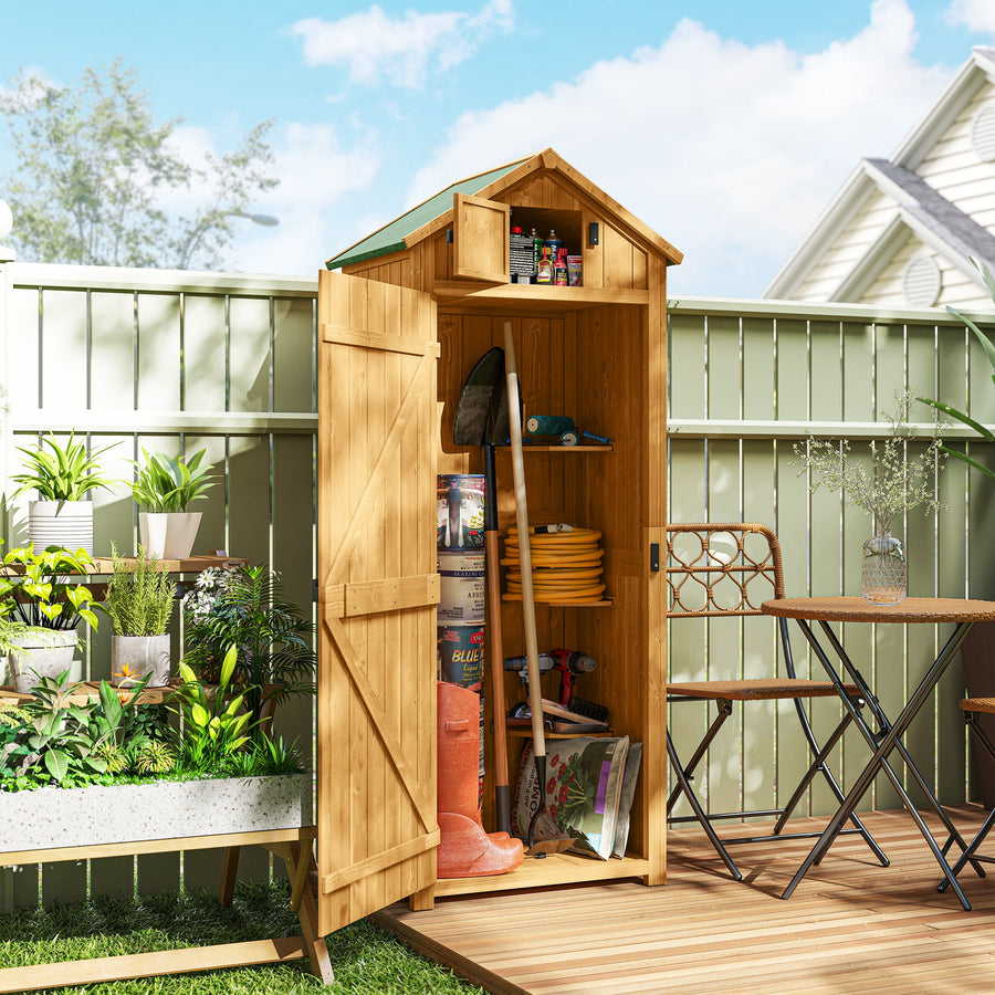 Garden Shed Vertical Utility 3 Shelves Shed Wood Outdoor Garden Tool Storage Unit Storage Cabinet, 77 x 54.2 x 179cm - Brown