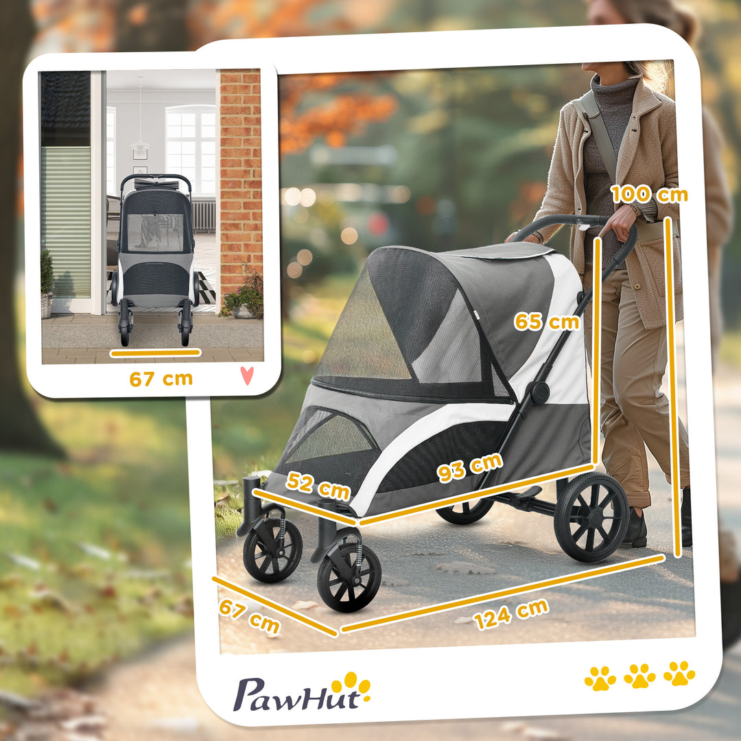 Foldable Pet Stroller for Large Dogs with 4 Big Wheels, Shock-Absorbing Frame, Safety Leashes, Brakes, Dark Grey