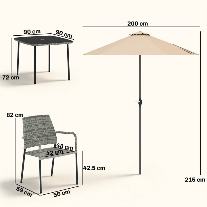 4 Seater Rattan Dining Set with Parasol, 6 Piece Garden Table and Stac