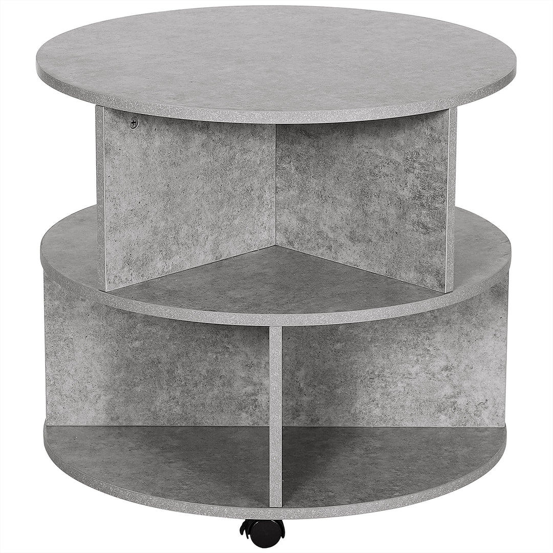 Round Coffee Table with Wheels, 3-Tier Rolling Side Table for Living Room with Divided Shelves, Cement Colour