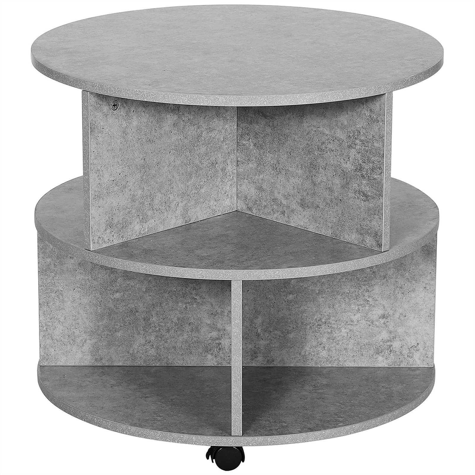 Round Coffee Table with Wheels, 3-Tier Rolling Side Table for Living Room with Divided Shelves, Cement Colour
