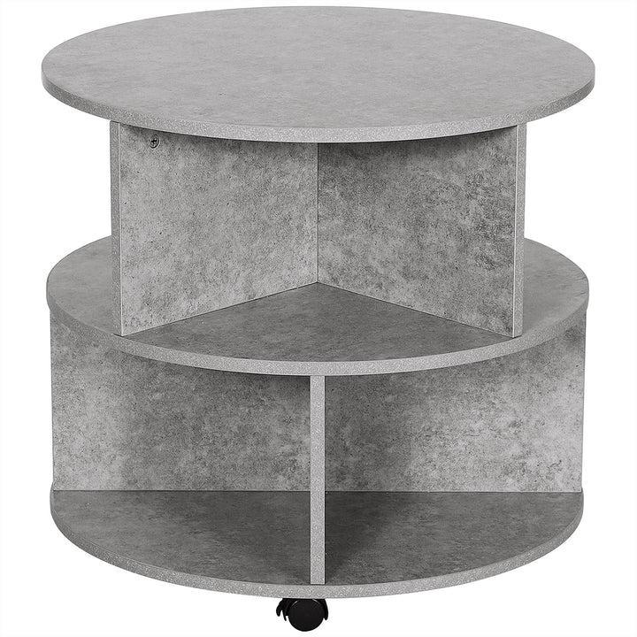 Round Coffee Table with Wheels, 3-Tier Rolling Side Table for Living Room with Divided Shelves, Cement Colour